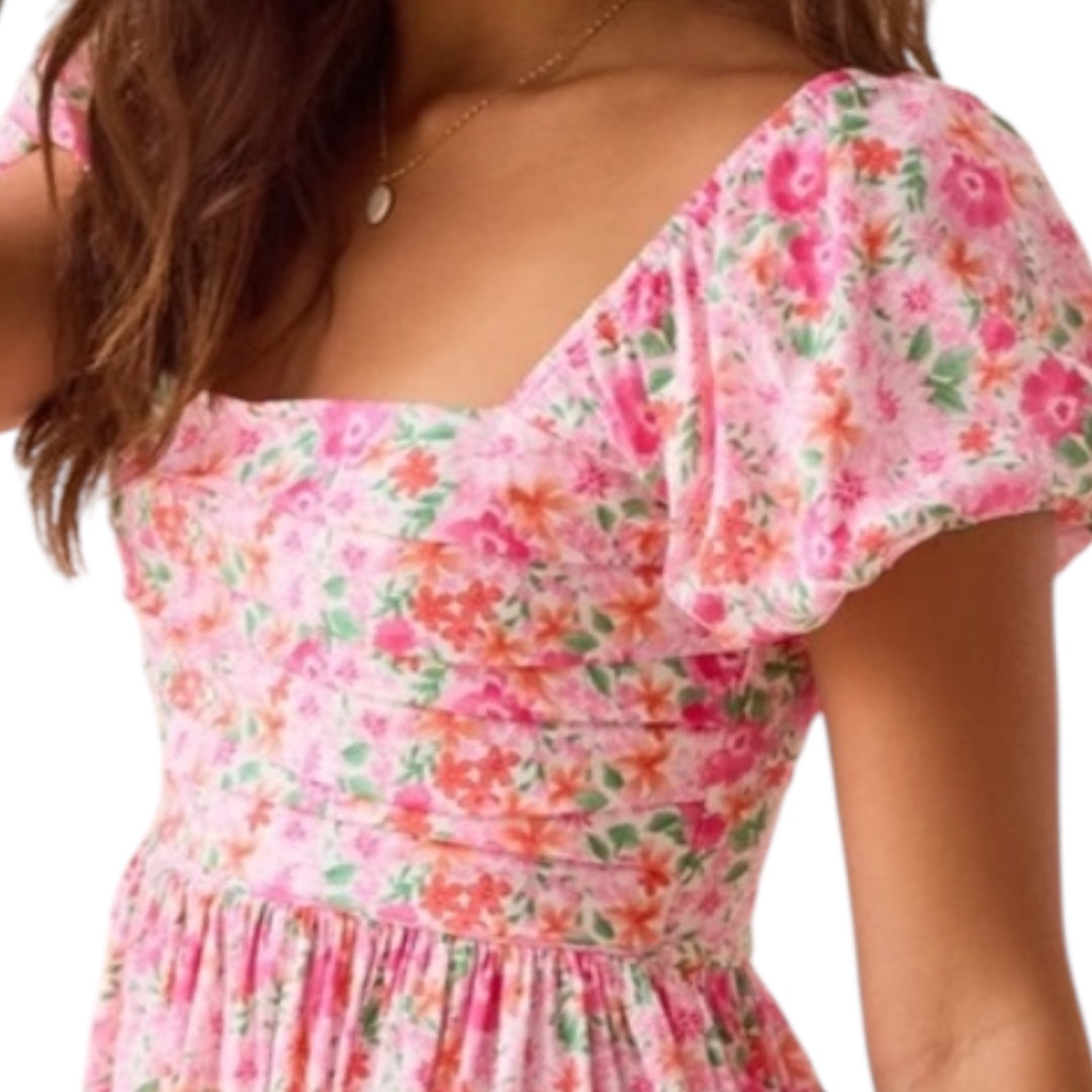 Altard State Collie Floral Mini Dress Pleated Bust Puff Sleeve Smocked NWT
