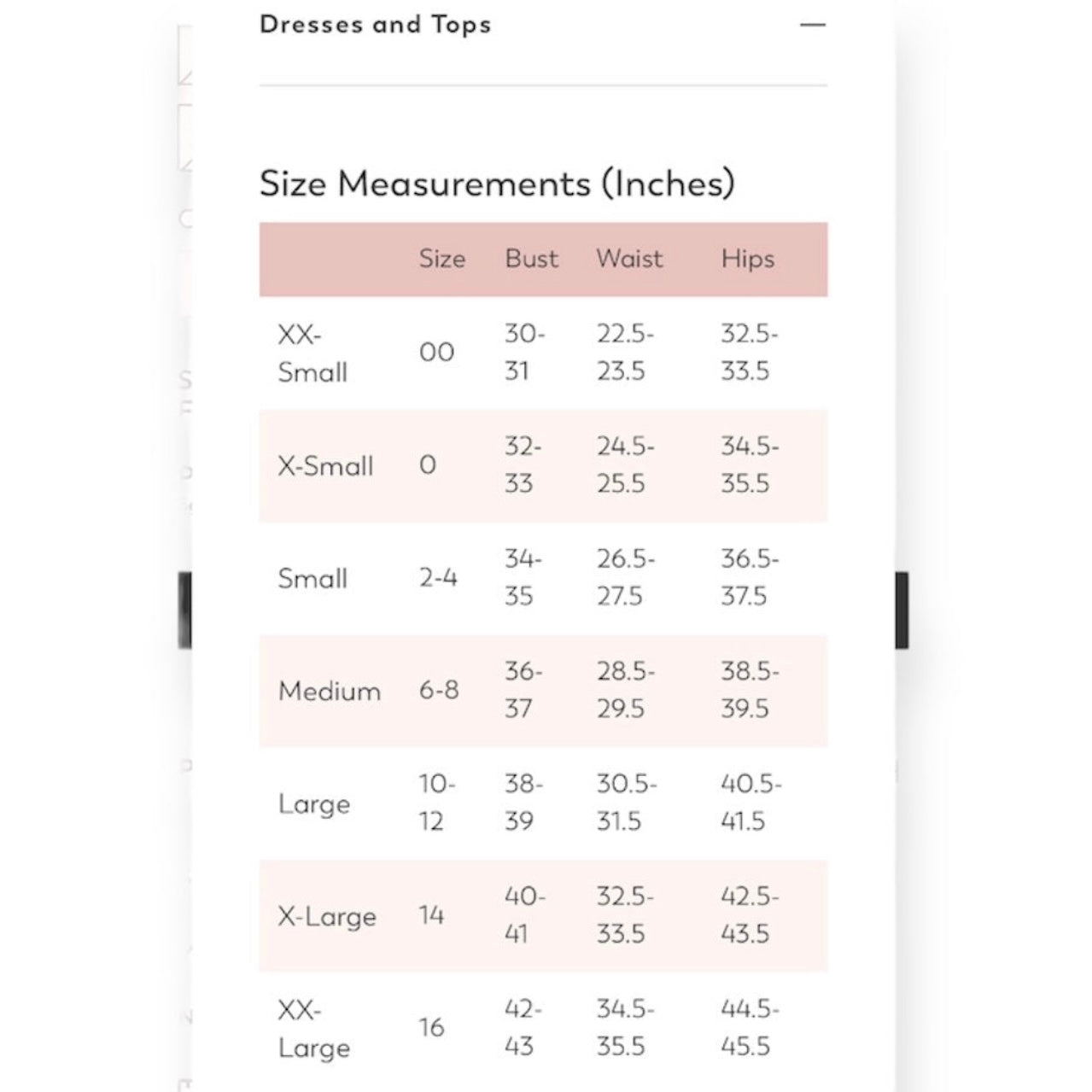 Size measurement chart for dresses and tops in inches
