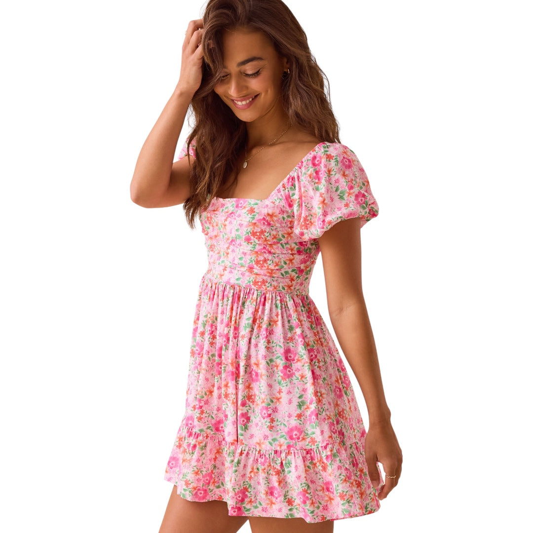 Altard State Collie Floral Mini Dress Pleated Bust Puff Sleeve Smocked NWT
