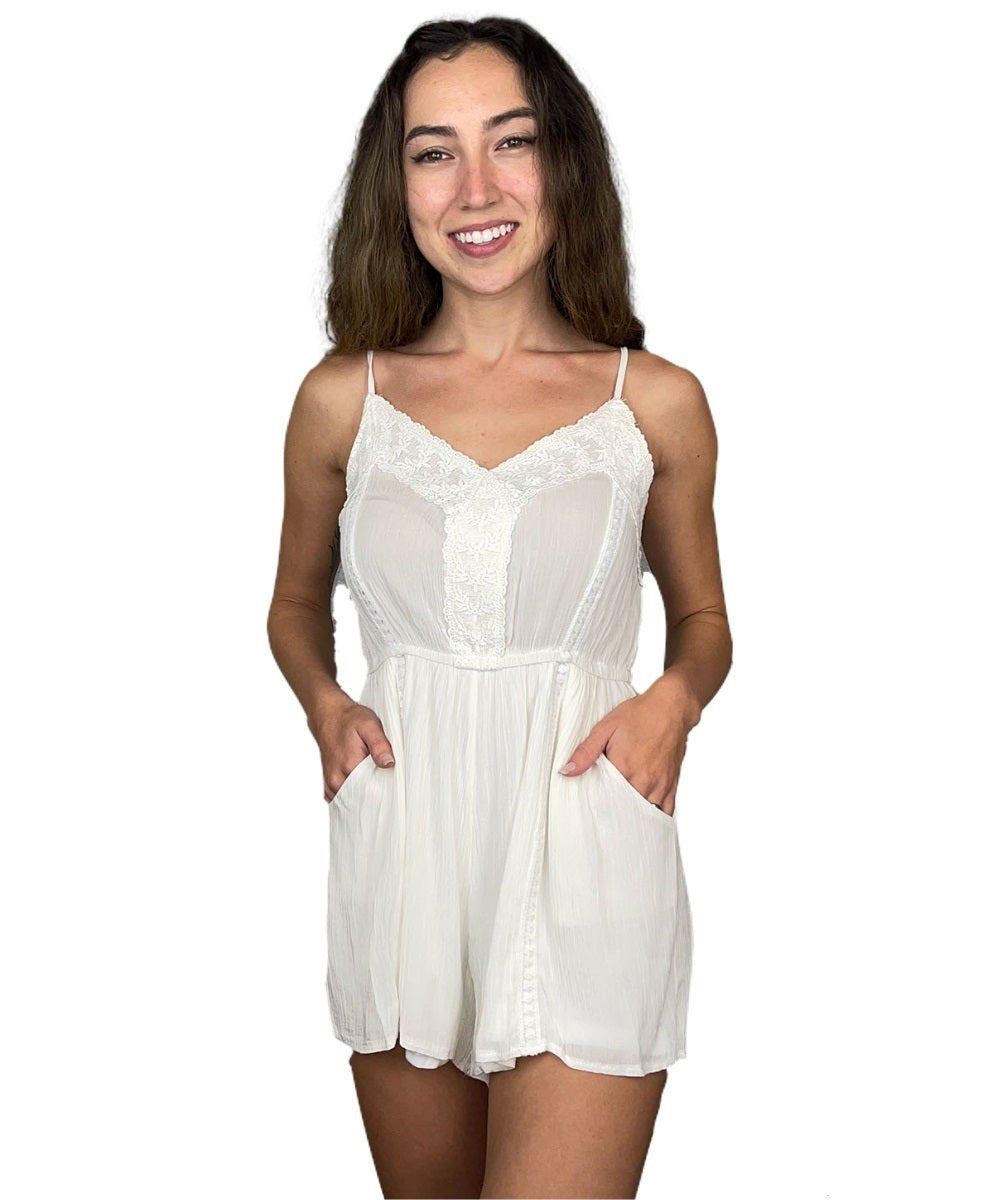 Lace Trim White Spaghetti Strap Romper