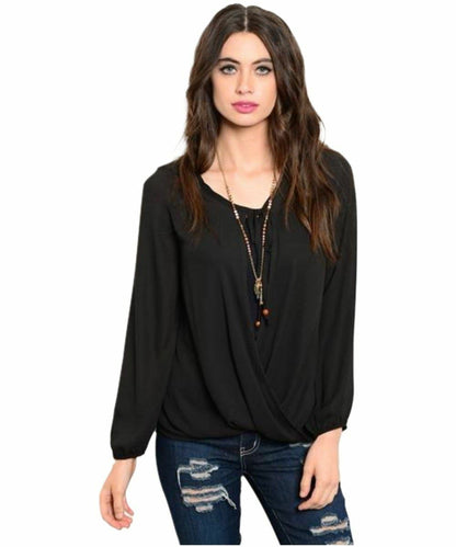 Black Crossbody Long Sleeve Sheer Blouse