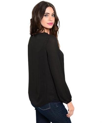 Black Crossbody Long Sleeve Sheer Blouse