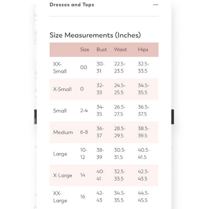 Size measurement chart for dresses and tops in inches