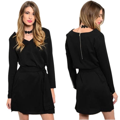 E.SSUE Black V Neck Long Sleeve Mini Dress