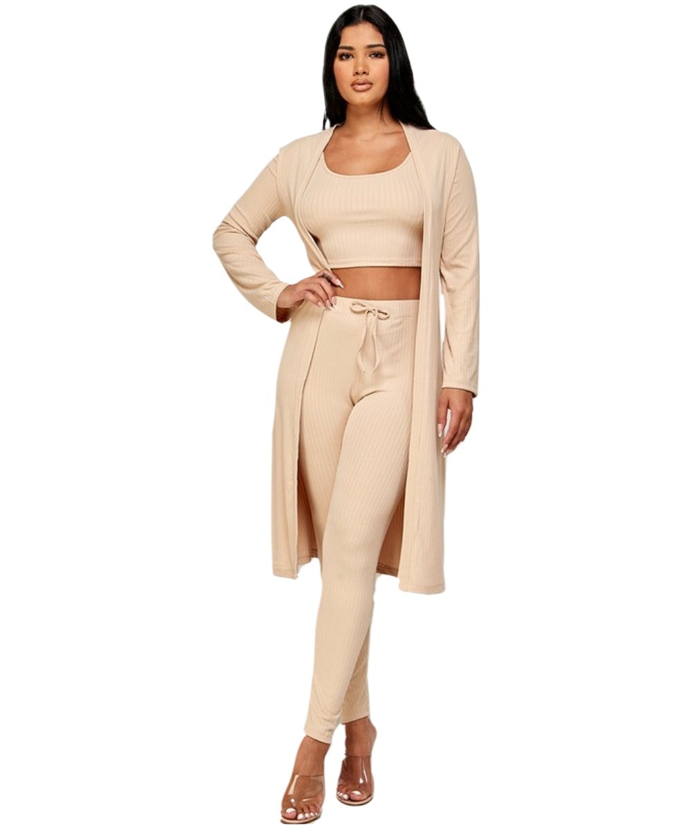 Light Khaki 3 Piece Cardigan, Top and Legging Set