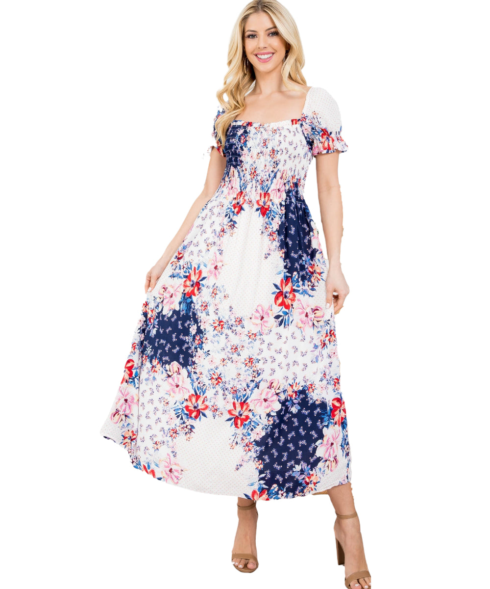 Ivory Navy Floral Print Dress - Our Sunshine Boutique