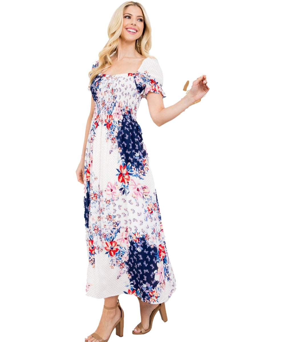 Ivory Navy Floral Print Dress - Our Sunshine Boutique