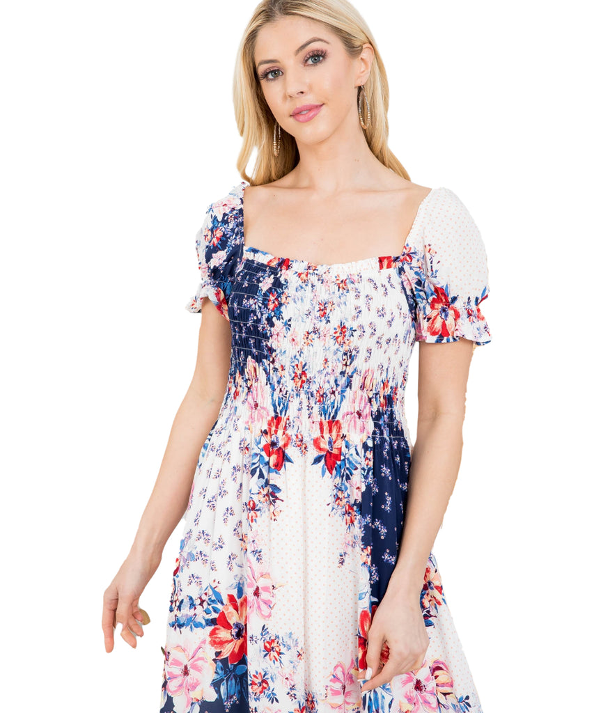 Ivory Navy Floral Print Dress - Our Sunshine Boutique
