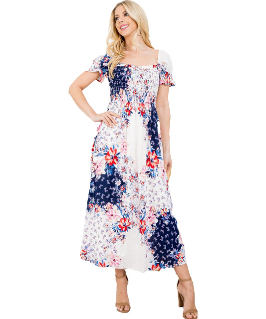 Ivory Navy Floral Print Dress - Our Sunshine Boutique