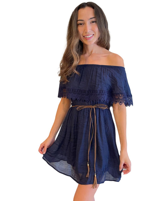 Navy Off the Shoulder Gauze Dress