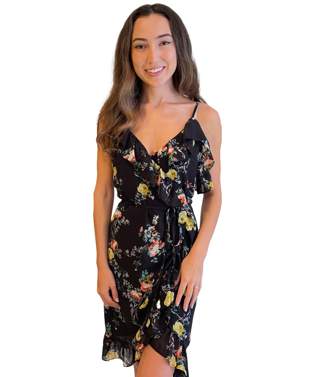 Black Floral Cold Shoulder Wrap Dress