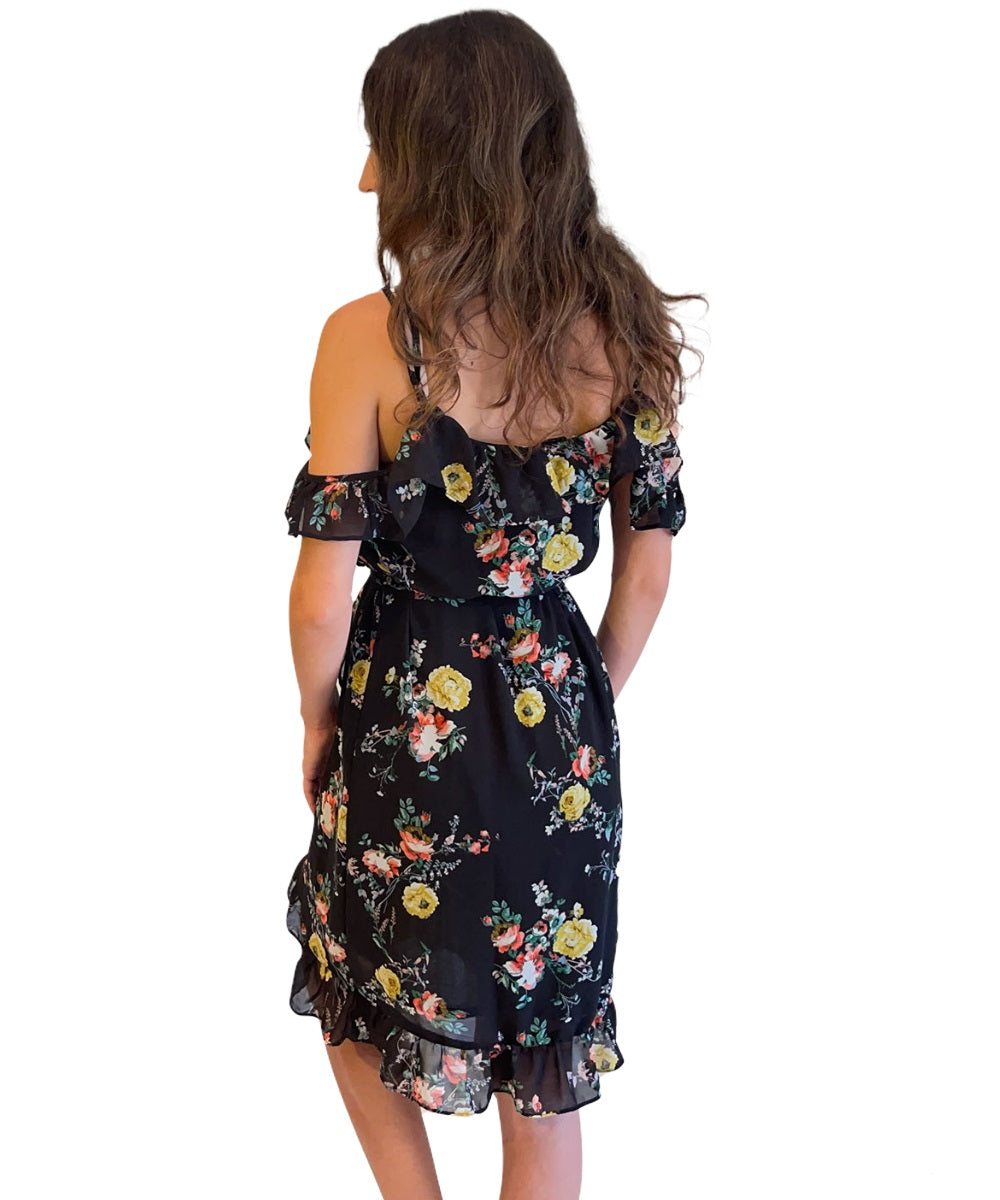 Black Floral Cold Shoulder Wrap Dress