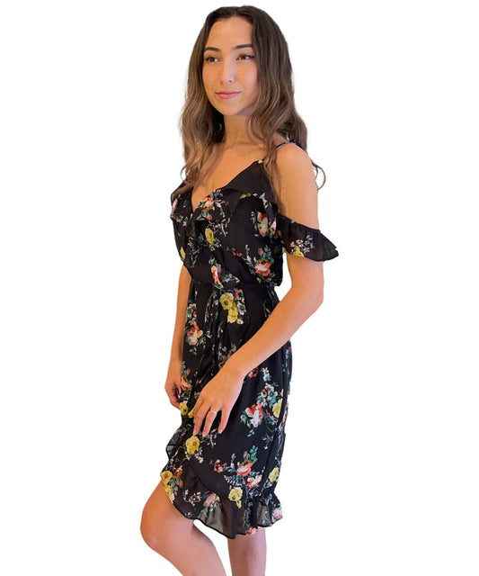 Black Floral Cold Shoulder Wrap Dress