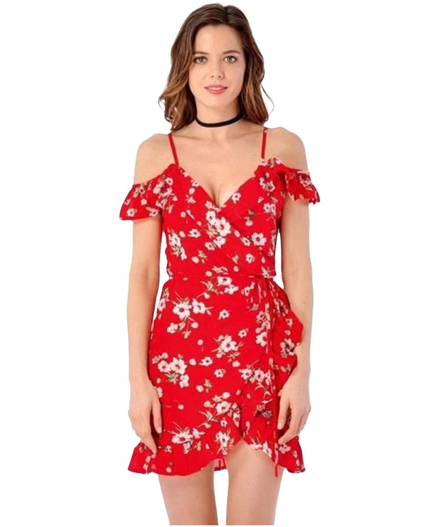 Red Floral Cold Shoulder Wrap Dress