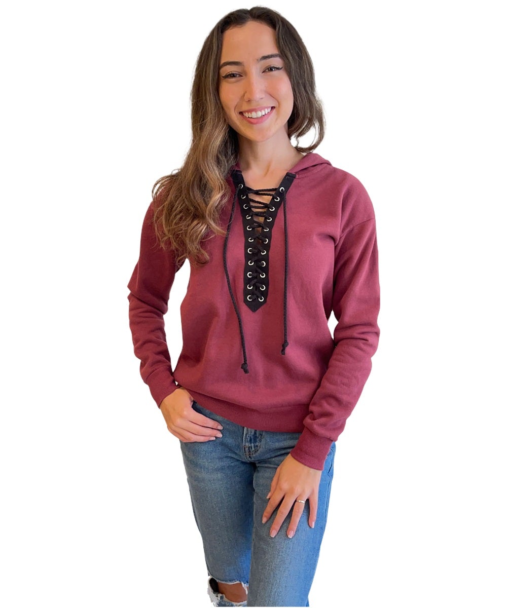 Mauve Lace-Up Pullover Hoodie