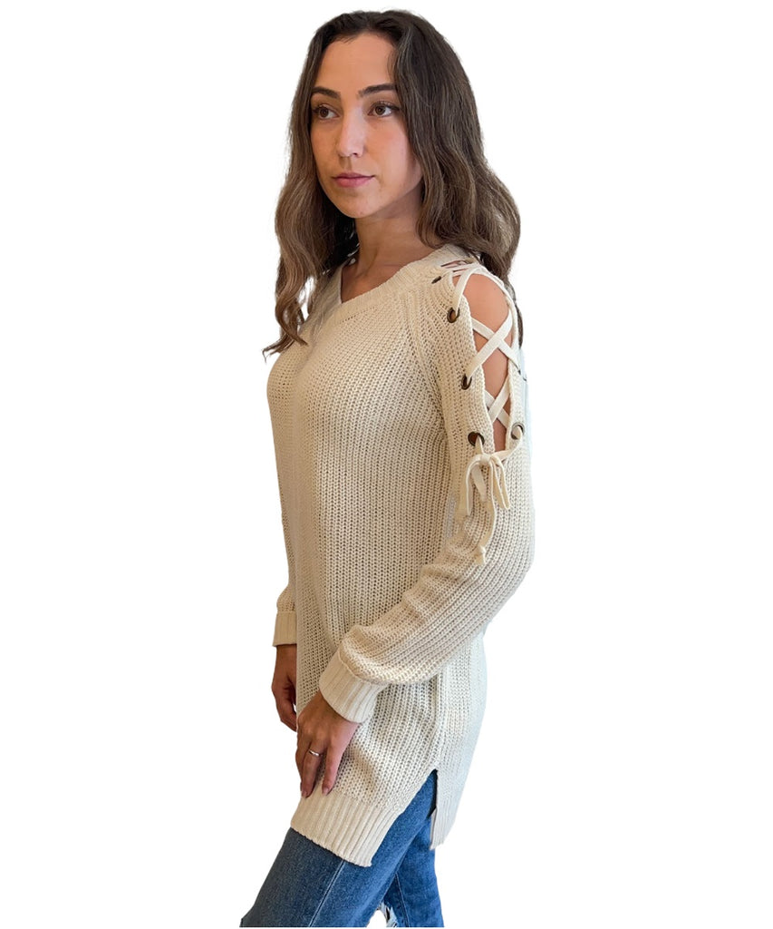 Cream Sweater with Lace Up Shoulders