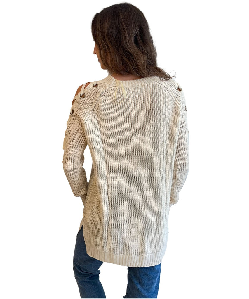 Cream Sweater with Lace Up Shoulders
