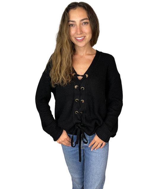 Black Lace Up Grommet Sweater