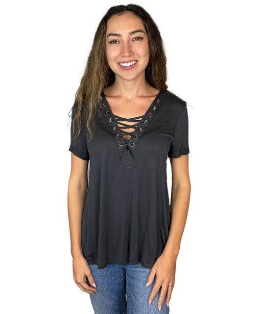 Charcoal Knit Laceup Top