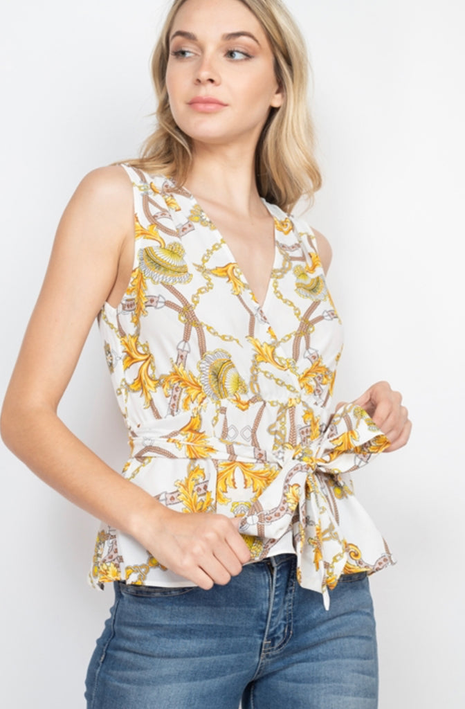 Ivory Sleeveless Blouse with Gold Chain Pattern - Our Sunshine Boutique