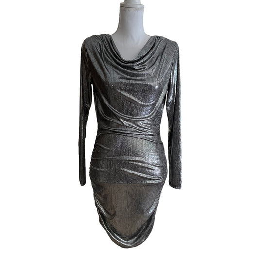 4th & Reckless Drape Front Mini Dress Metallic Silver Size M NWT