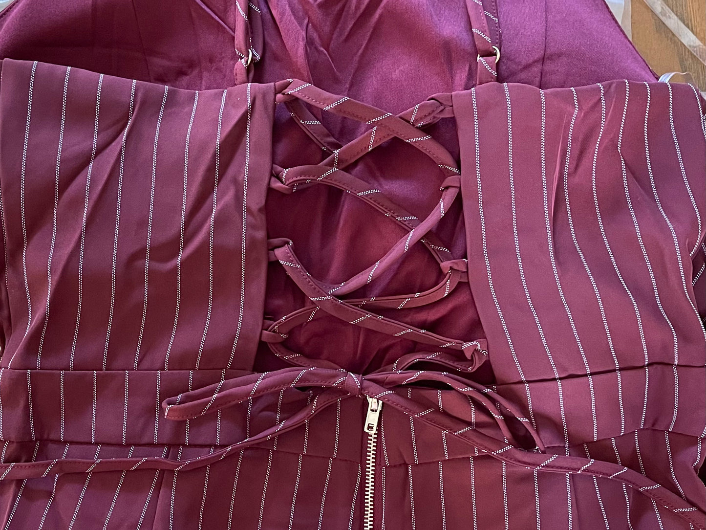 Burgundy Pinstripe Jumpsuit - Our Sunshine Boutique