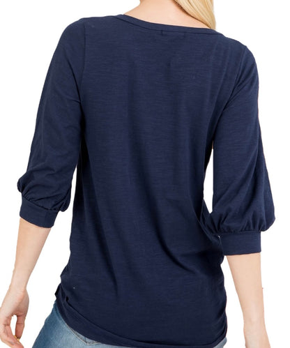 Navy Wrap Style Top with Bubble Sleeves - Our Sunshine Boutique