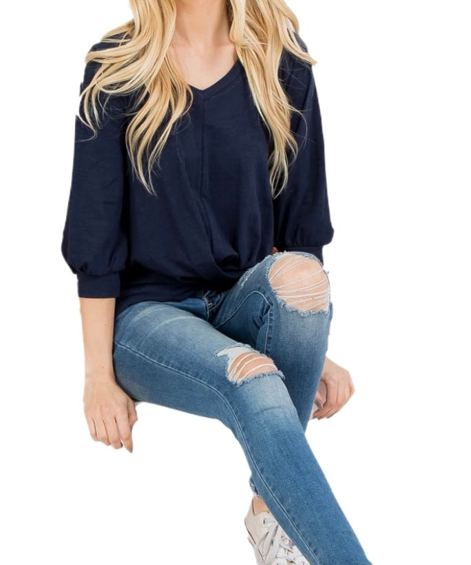 Navy Wrap Style Top with Bubble Sleeves - Our Sunshine Boutique