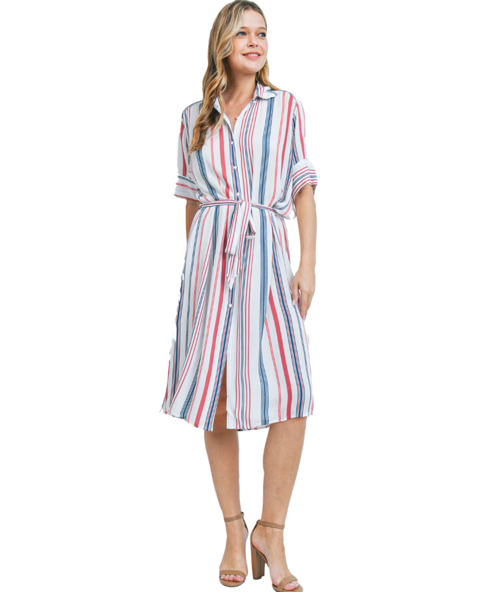 Ivory & Coral Stripe Shirt Dress - Our Sunshine Boutique