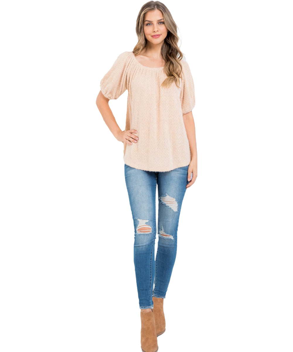 Off the Shoulder Soft Bubble Sleeve Sweater - Our Sunshine Boutique