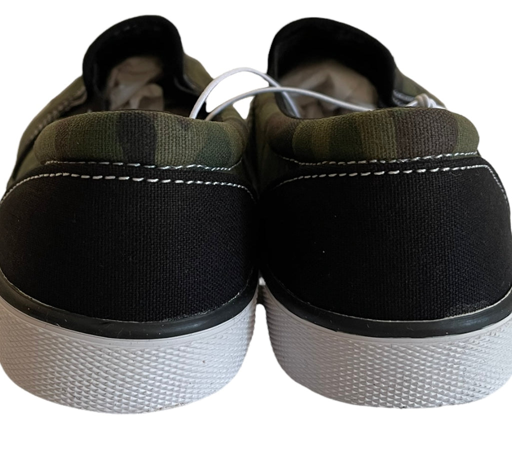 Boy Slip On Sneakers, Olive And Black Camouflage with Patches - Our Sunshine Boutique
