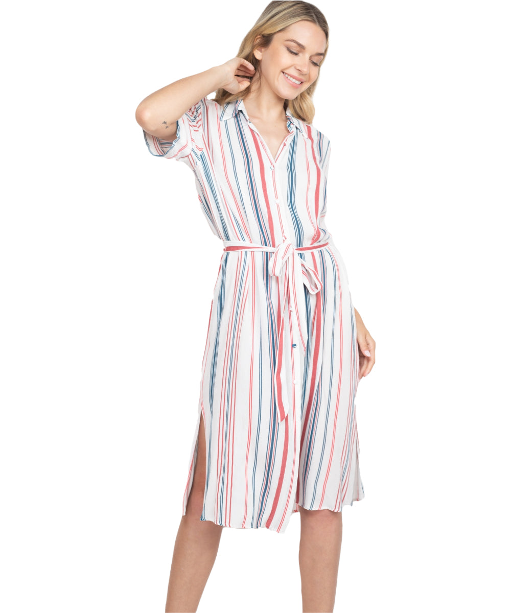 Ivory & Coral Stripe Shirt Dress - Our Sunshine Boutique