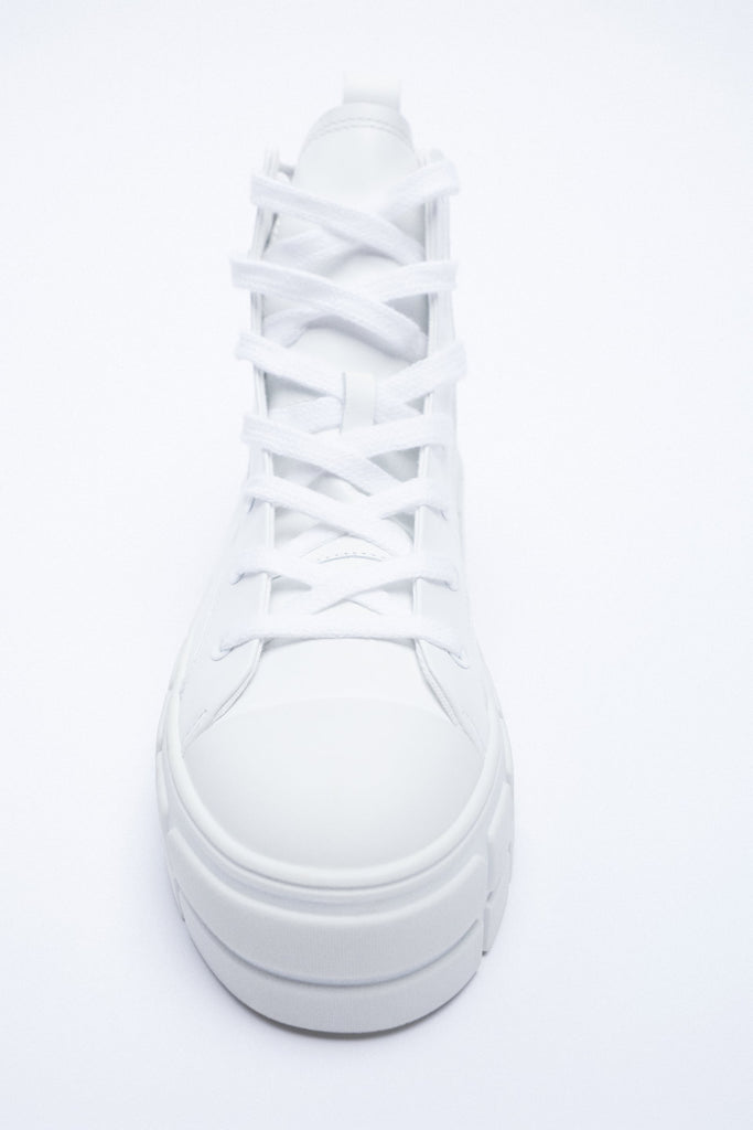 ZARA LEATHER HIGH TOP SNEAKERS Sz 7.5 / 38 Lace Adhesive Strap Closure  White NWT | eBay
