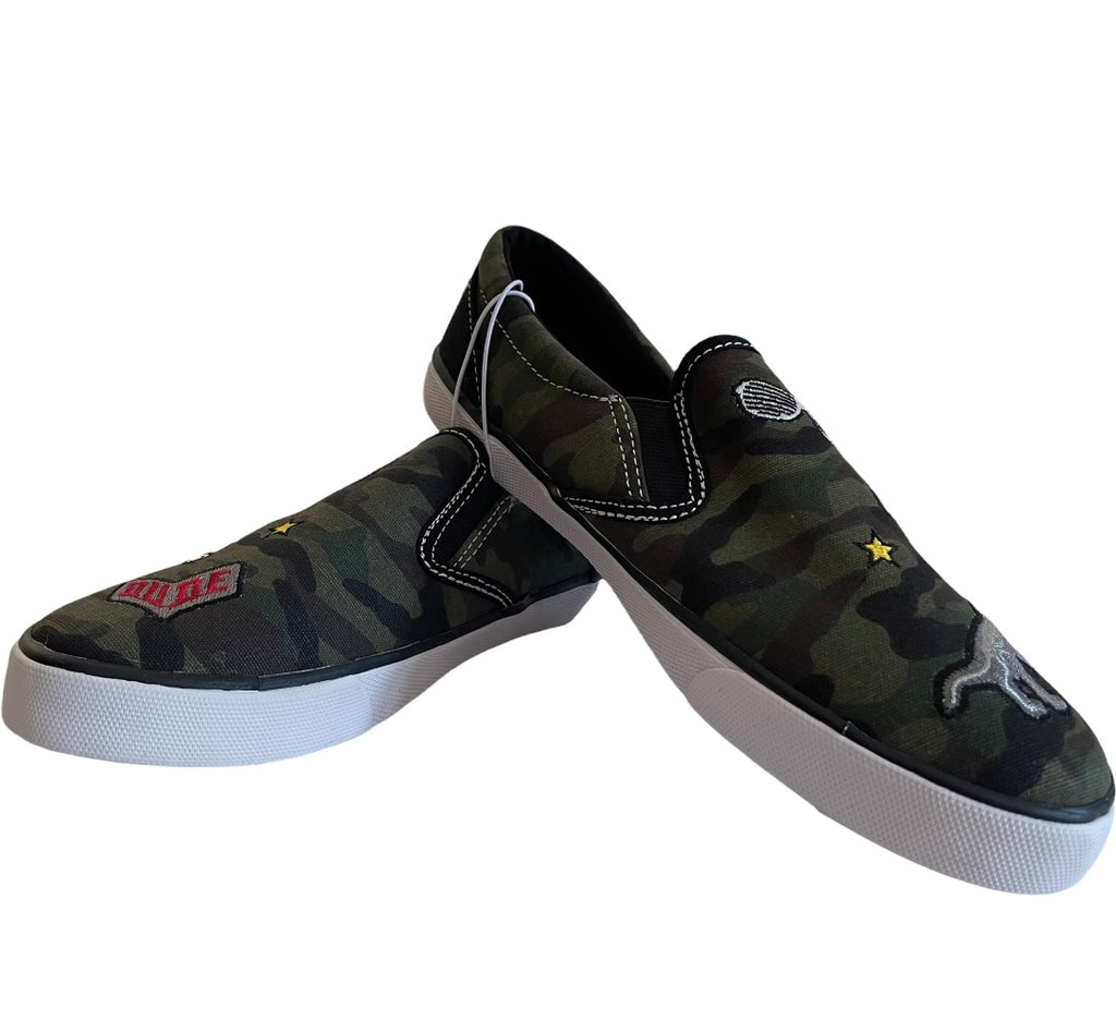 Boy Slip On Sneakers, Olive And Black Camouflage with Patches - Our Sunshine Boutique